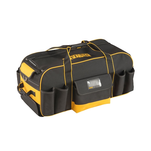 Black and yellow DEWALT tool bag with multiple pockets, handle straps, and a front clear label holder.