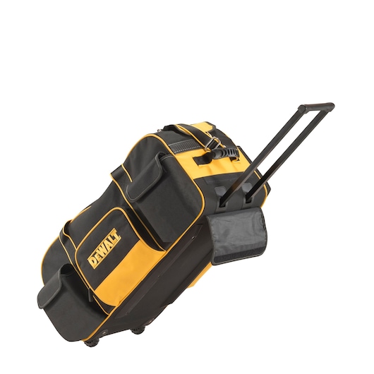 DEWALT rolling tool bag in black and yellow with pockets and a retractable handle, designed for easy transport.