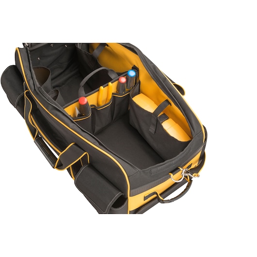 Open DEWALT tool bag with multiple compartments holding tools and yellow case. Black and yellow design.