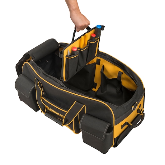 DEWALT black and yellow tool bag with removable insert, showing organized pockets for tools and accessories.