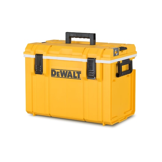 A yellow DEWALT tool storage box with a black handle and black latches, photographed on a white background.