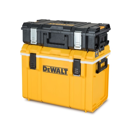 A DEWALT branded tool storage box set consisting of a large yellow base unit and a black top case, both with secure latches and handles.