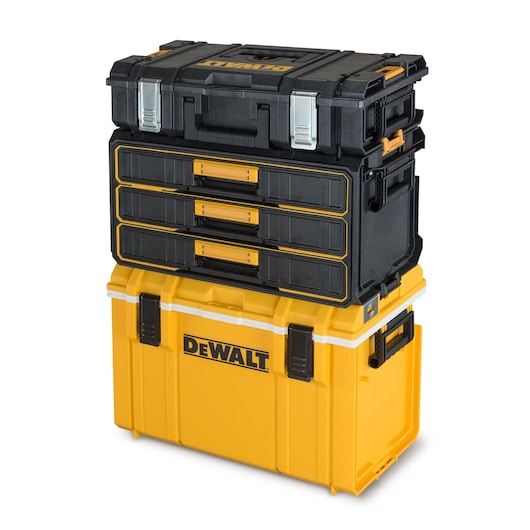 A stackable DEWALT tool storage system consisting of three units: a large yellow toolbox on the bottom with a black DEWALT logo and black handles, a middle unit with black drawers and yellow handles, and a black top case with metal latches and a handle.