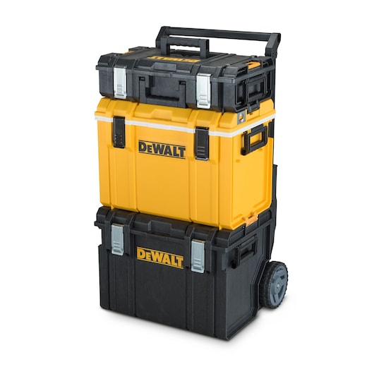 Stacked DEWALT toolboxes in black and yellow colors, with metal latches and wheels for easy transport.