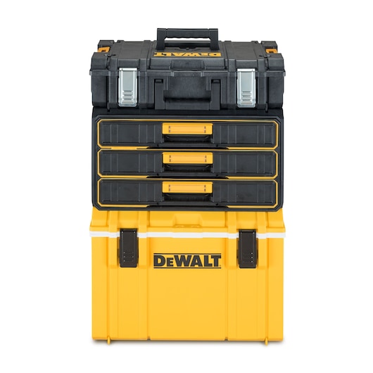 A DEWALT branded stackable tool storage system with three black and yellow drawer units and a large yellow box at the bottom, designed for organized storage of tools and accessories.