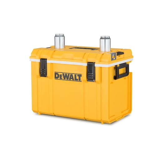 A yellow DEWALT hard case storage box with black latches, a handle on the side, and two silver cans placed on top, photographed against a white background.