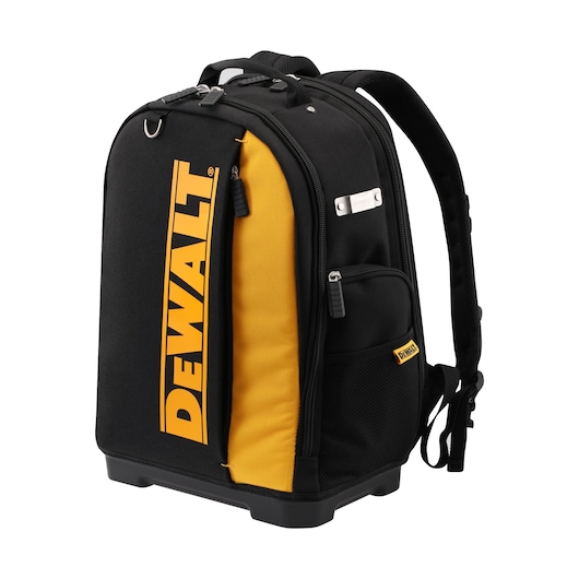 Black and yellow DEWALT backpack with multiple zippered compartments and padded shoulder straps.