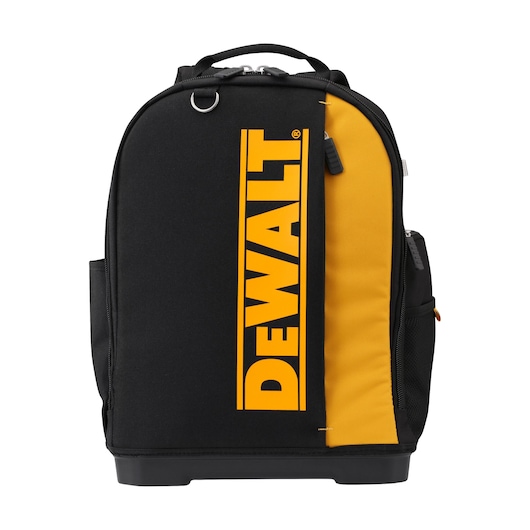 DEWALT black and yellow backpack with handle, side pockets, and bold logo on front.