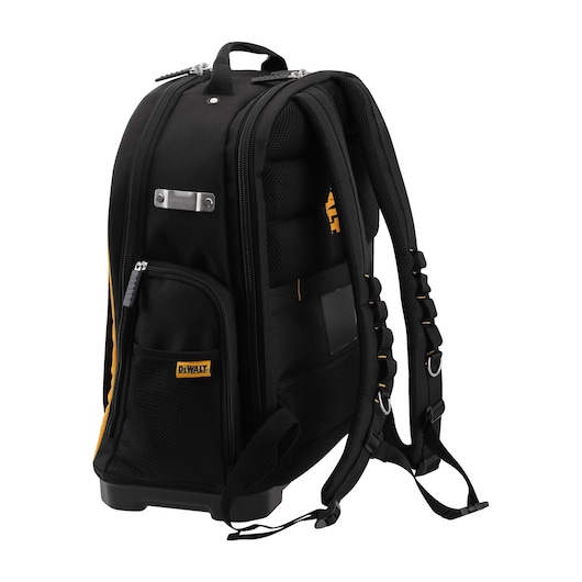 Black DEWALT backpack with padded straps, multiple pockets, and reinforced base, designed for tool storage.