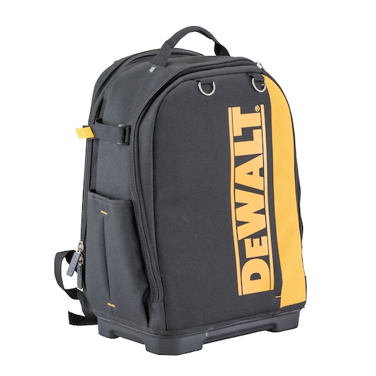 Black and yellow DEWALT backpack with a sturdy base, side pockets, and top handle, shown against a white background.