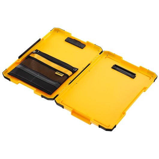 Open yellow DEWALT storage case with black trim, featuring a black and yellow zippered mesh pouch attached inside.