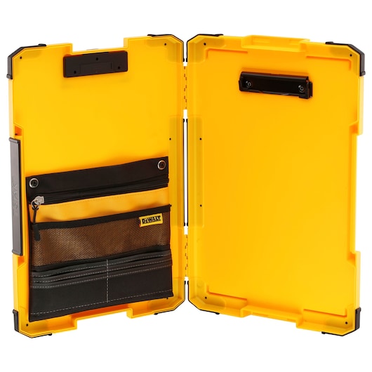 Open yellow DEWALT hard case with an interior organizer pocket featuring a zipper, mesh compartment, and stitching details on one side, and a flat panel on the other side.
