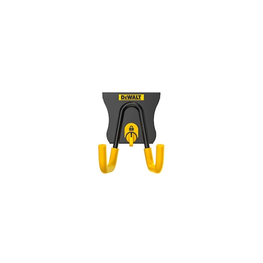 DEWALT-branded double hook wall mount with yellow and black finish, designed for secure tool storage.