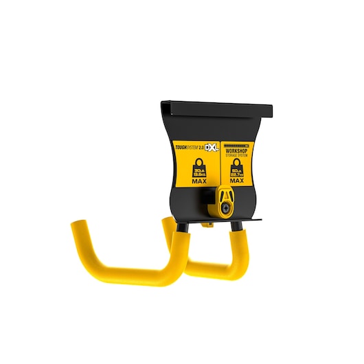 DEWALT ToughSystem 2.0 DXL Workshop Storage System hook. The product features a black and yellow design with two sturdy curved hooks for holding tools or equipment, and labeling indicating weight capacity.