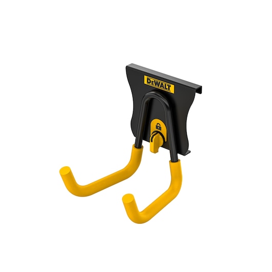 A DEWALT wall-mounted storage hook with two yellow arms and a black base, suitable for hanging tools or equipment.