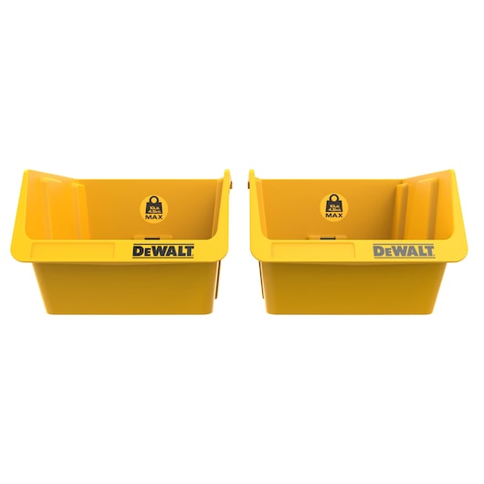 Two yellow DEWALT storage bins with open fronts, displaying the DEWALT logo and maximum load indicator inside each bin.
