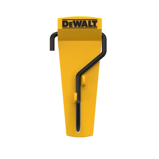 A yellow DEWALT wall hook with a black metal bracket, designed for organizing tools or equipment. The DEWALT logo is displayed at the top.