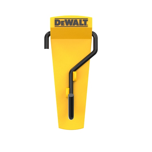 A yellow DEWALT-branded wall-mounted hook with a black metal arm, designed for organizing and holding tools or accessories.