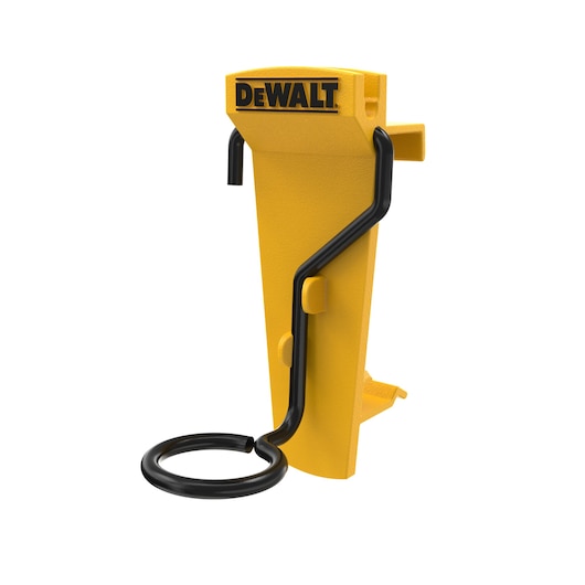 A yellow DEWALT tool holder with a black metal hook and ring, designed for storage or attachment of tools.