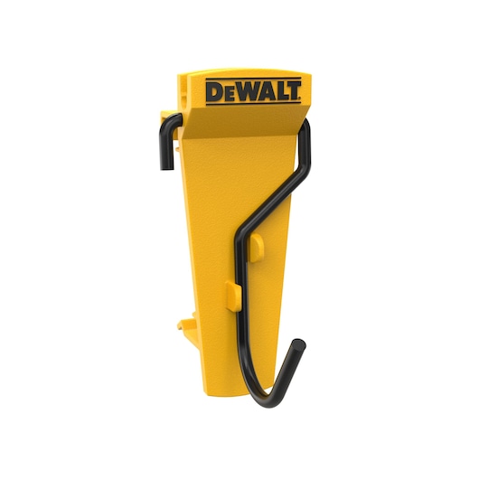 A yellow DEWALT-branded wall mount with a black metal hook, used to organize and store tools or equipment.