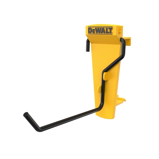 A yellow DEWALT wall-mounted storage hook with a black metal arm, designed for holding tools or equipment.