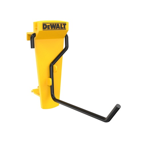 A yellow DEWALT wall-mounted utility hook with a black metal arm, designed for organizing and hanging tools or equipment.