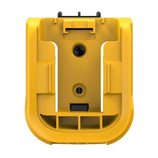 Front view of a yellow DEWALT photography accessory, model DWST82820, with visible mounting slots and screw holes.