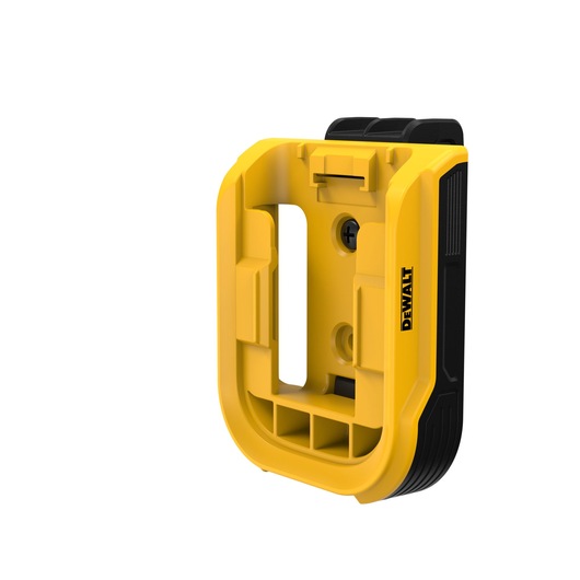 A yellow and black DEWALT-branded plastic mount accessory with a rectangular opening and attachment points, photographed on a white background.