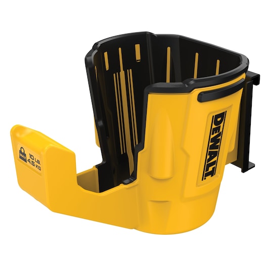 A yellow and black DEWALT tool holder made of durable plastic, designed to support up to 10 lbs (4.5 kg). The holder features the DEWALT logo and has an open, contoured shape for securely holding tools or accessories.