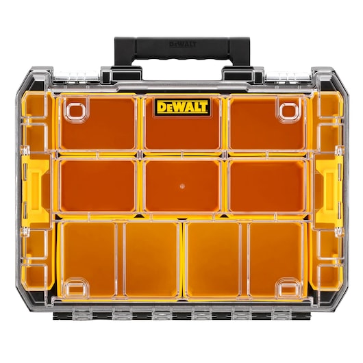 A DEWALT plastic organizer box with a transparent lid and orange compartments, designed for storing and organizing tools or small parts. It features a black handle on top for easy carrying.