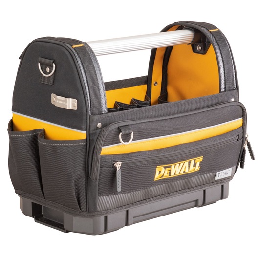 A DEWALT branded black and yellow tool bag with multiple pockets, a sturdy metal handle, and a zippered front compartment, designed for organizing and carrying tools.