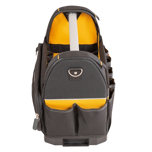 A black and yellow DEWALT tool bag with multiple external pockets, an open top, and a central metal handle for carrying. The bag is designed for organizing and transporting tools.