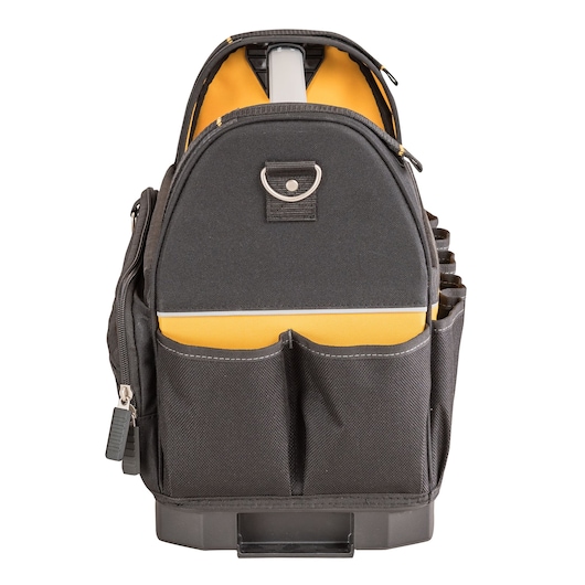 Front view of a DEWALT black and yellow tool bag with multiple exterior pockets and a sturdy handle.