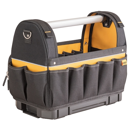 DEWALT tool bag with reinforced base, multiple external pockets, and a sturdy aluminum handle. The bag is black with yellow accents and designed for organized storage and easy transport of tools.