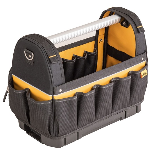 A DEWALT open-top tool bag with a sturdy aluminum handle, multiple interior and exterior pockets, and a durable black and yellow design for organizing tools.