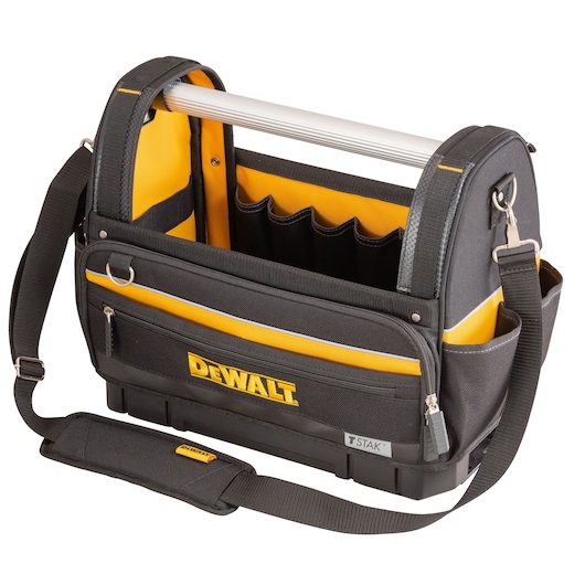 A DEWALT branded black and yellow tool bag with a metal handle, multiple compartments, and an adjustable shoulder strap.