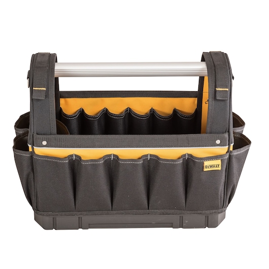 A DEWALT-branded black and yellow open tool tote with multiple exterior and interior pockets, featuring a metal handle for easy carrying.