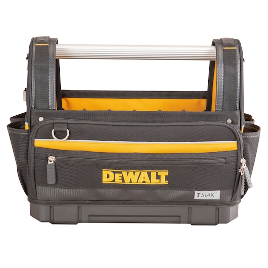 A DEWALT branded tool bag with a rigid aluminum handle, multiple compartments, and a zippered front pocket. The bag is black with yellow accents and is designed for organizing tools.