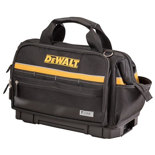 Black DEWALT tool bag with yellow stripe, zippered pockets, and carrying handles for easy transport.