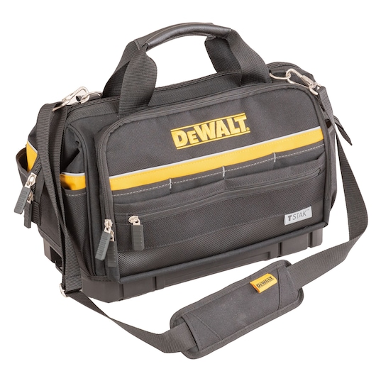 Black DEWALT tool bag with yellow stripe, multiple pockets, handles, and shoulder strap.