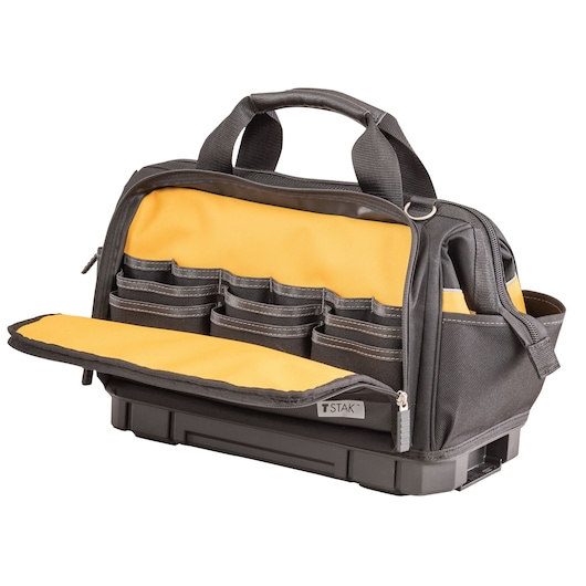 Black and yellow DEWALT tool bag with multiple pockets, open front flap, and sturdy handles.