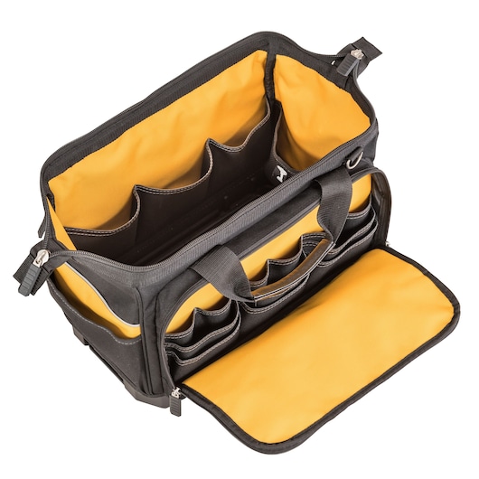 Open DEWALT tool bag with multiple interior and exterior compartments, yellow and black design.
