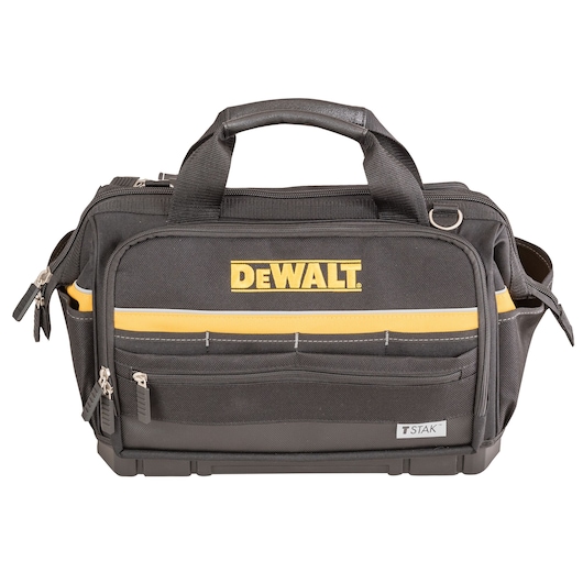 DEWALT black and yellow tool bag with multiple pockets and zippers, shown against a white background.