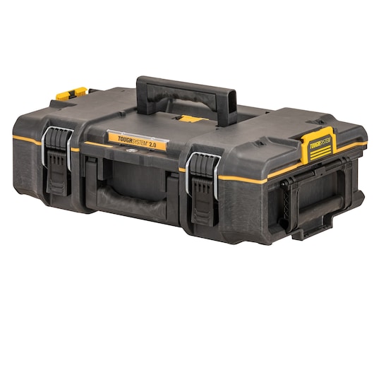 DEWALT ToughSystem 2.0 black toolbox with yellow accents, handles, and secure latches, shown closed.