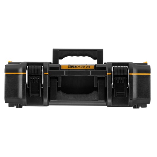 DEWALT ToughSystem 2.0 black toolbox with yellow accents, sturdy handle, and dual front latches.