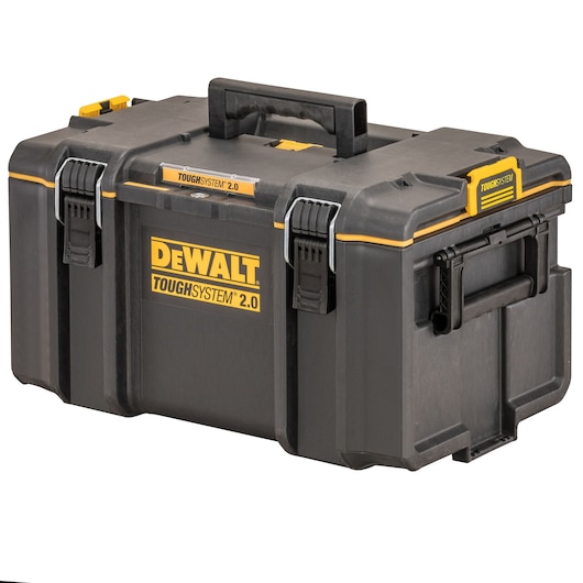 Black DEWALT Toughsystem 2.0 toolbox with yellow accents and sturdy latches, shown on a white background.