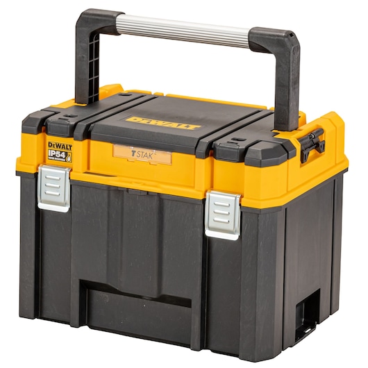 A DEWALT branded black and yellow stackable tool storage box with a sturdy handle, metal latches, and IP54 rating for protection against dust and water.