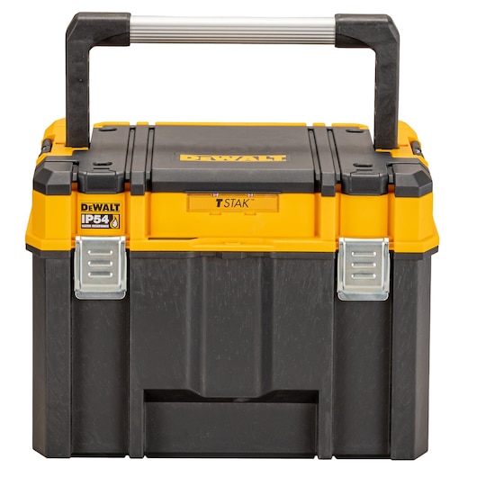 Front view of a DEWALT TSTAK IP54 water-resistant tool storage box in black and yellow, featuring a handle on top and metal latches for secure closure.