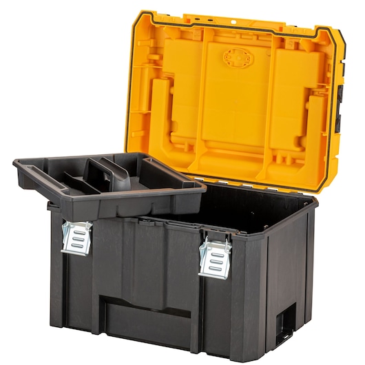 A black and yellow DEWALT tool box with an open lid, showing a removable tray insert with compartments inside.