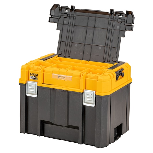DEWALT black and yellow tool storage box with an open hinged lid, metal latches, and stackable design.